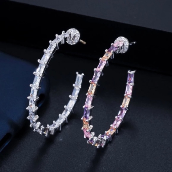 Anthropologie - Emerald Cut Hoops Double Inlay Eternity Earrings - Picture 12 of 16